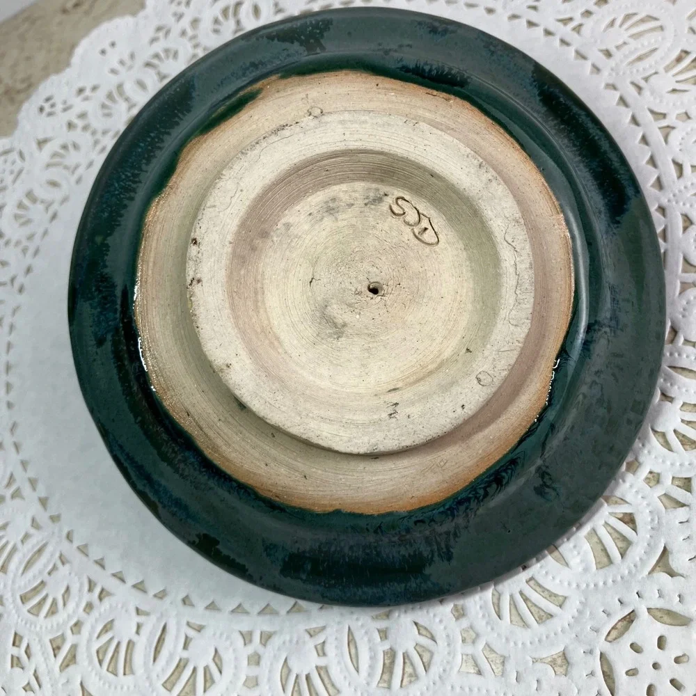 Studio Pottery Prickly Pear Ring Dish 4in Teal Green Handmade Ceramic Signed TCS